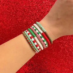 Red, Green & White Stretch Bracelet Set of 8