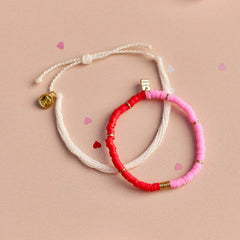 Pink and Red Vinyl Disc Bead Stretch Bracelet Set